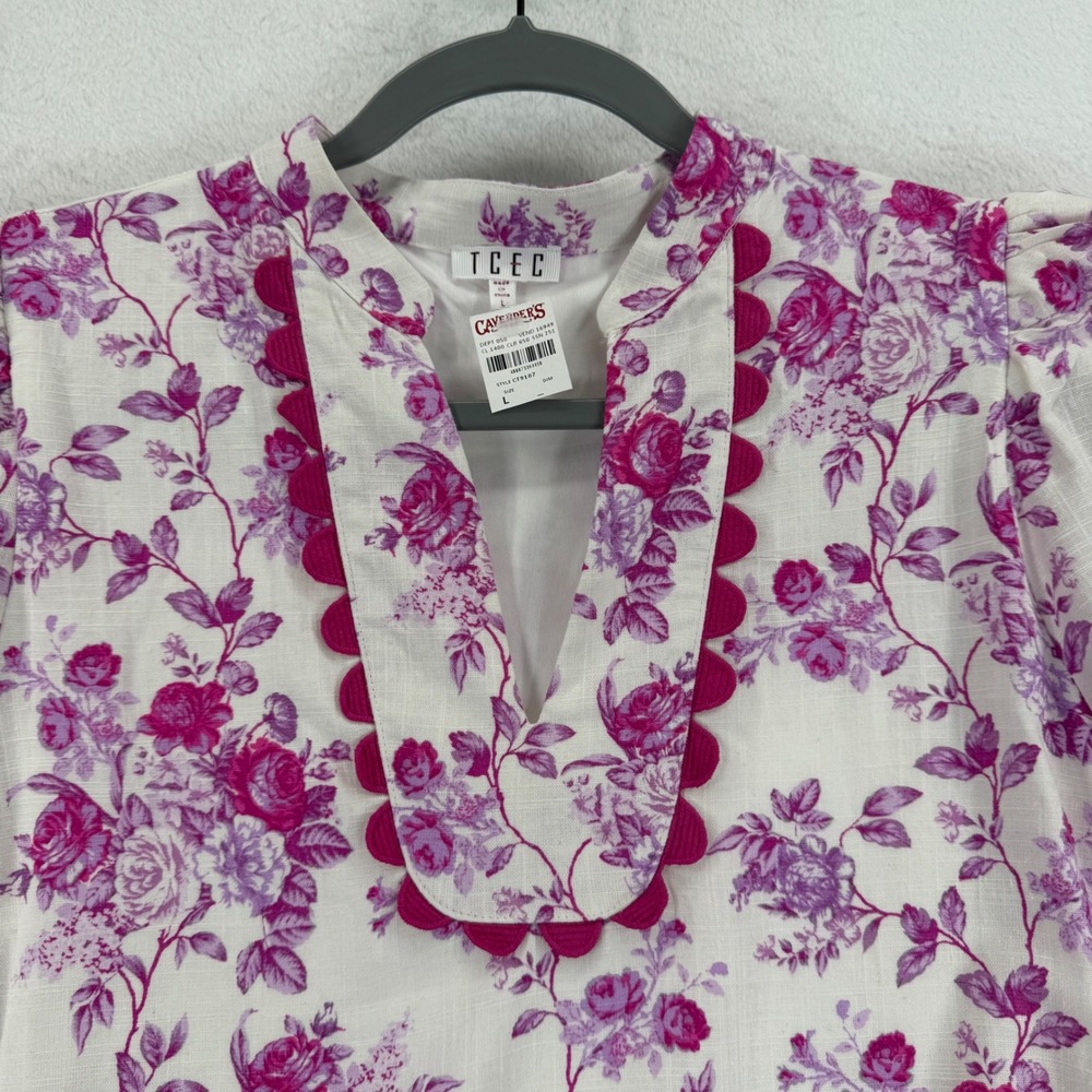 TCEC White Floral Linen Blend Tiered Top Blouse Scalloped Neckline Sz L - Picture 5 of 8